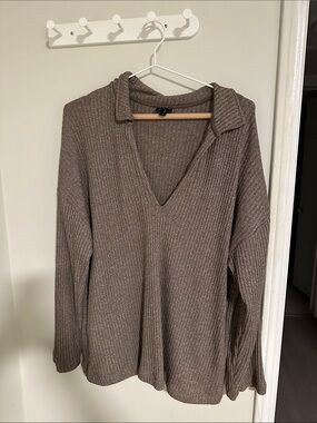 Torrid Ribbed V-Neck Collared Sweater - Taupe Brown
